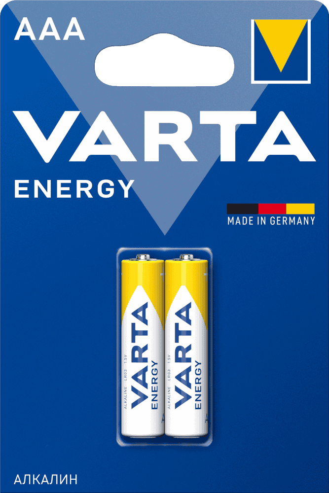 Батарейки VARTA Energy — это надёжные щелочные элементы питания для устройств с низким и средним энергопотреблением. Поставляются в блистере по 2 штуки, идеально подходят для пультов, часов. 