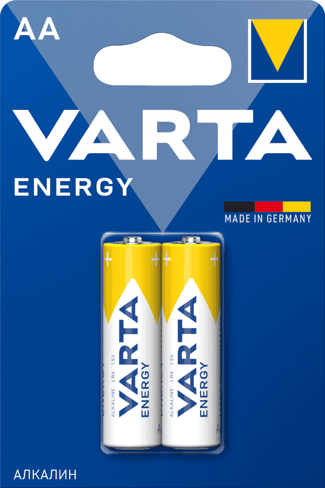 Батарейки VARTA Energy — это надёжные щелочные элементы питания для устройств с низким и средним энергопотреблением. Поставляются в блистере по 2 штуки, идеально подходят для пультов, часов. 