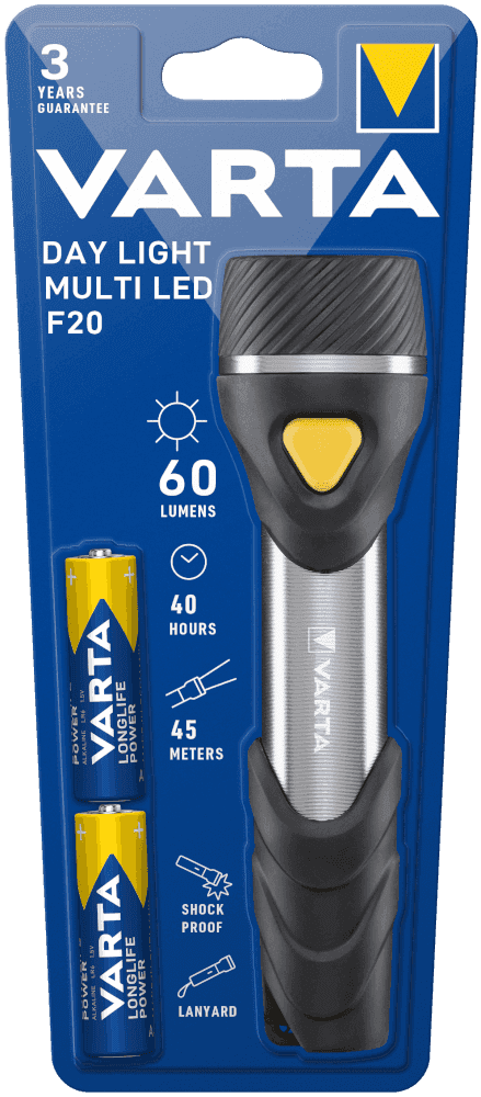 Фонарь VARTA Day Light Multi LED (арт. 16632) — надёжный и практичный светодиодный фонарь для ежедневного использования. Работает от 2 батареек AA, оснащён несколькими яркими LED для мощного освещения. Прочный корпус и удобный дизайн делают его идеальным для дома, дачи или активного отдыха.\r