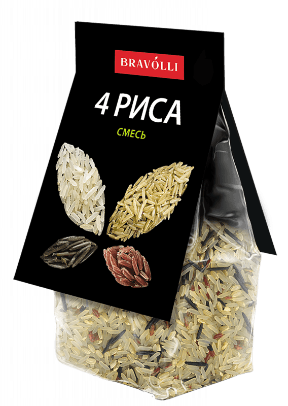 Сочетание четырех сортов риса, различных по цвету и вкусу. Пропаренный рис, красный, бурый и черный.