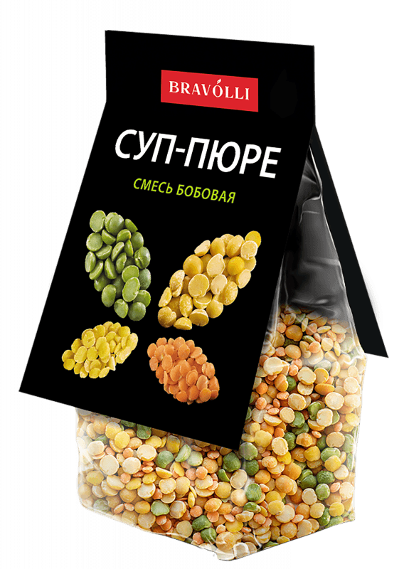 Яркое и гармоничное сочетание красной и желтой чечевицы с зеленым и желтым горохом. Готовая основа для густого супа-пюре или гарнира.