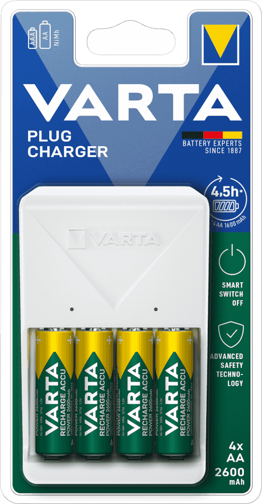 Зарядное устройство VARTA Plug Charger (арт. 57657) — компактное и удобное решение для повседневного использования. В комплект входят 4 аккумулятора AA ёмкостью 2100 mAh, готовые к использованию. Идеально подходит для зарядки аккумуляторов AA и AAA. \r