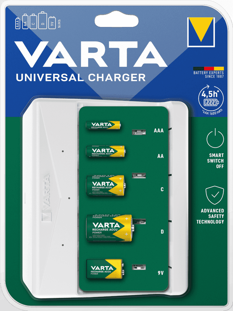 Зарядное устройство VARTA Universal Charger (арт. 57658) — универсальное решение для зарядки аккумуляторов форматов AA, AAA, C, D и 9V. Оснащено функцией индивидуальной зарядки каждого элемента и светодиодной индикацией. Идеально подходит для дома и офиса, обеспечивая надёжную и безопасную зарядку.\r