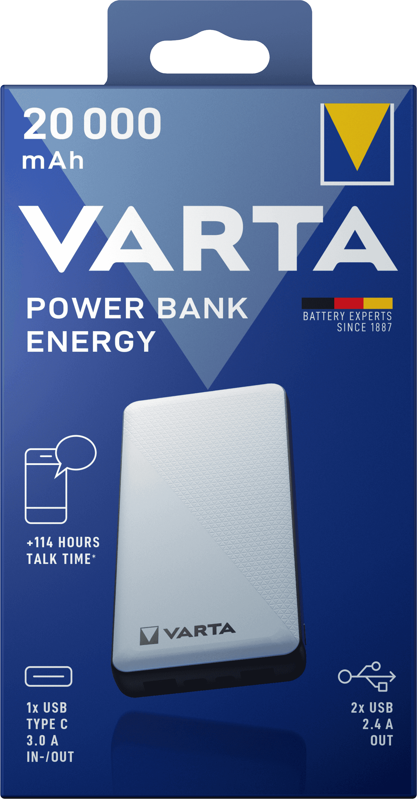 Компактный и мощный Powerbank VARTA с тремя портами идеально подходит для длительных поездок и активного использования. Обеспечивает быструю и надёжную зарядку до трёх устройств одновременно (до 20 Вт), поддерживает функцию сквозной зарядки и оснащён индикаторами уровня заряда. Устройство выполнено в современном дизайне, соответствует стандартам безопасности VARTA Advanced Safety Technology и поставляется с кабелем USB-C.\r\r