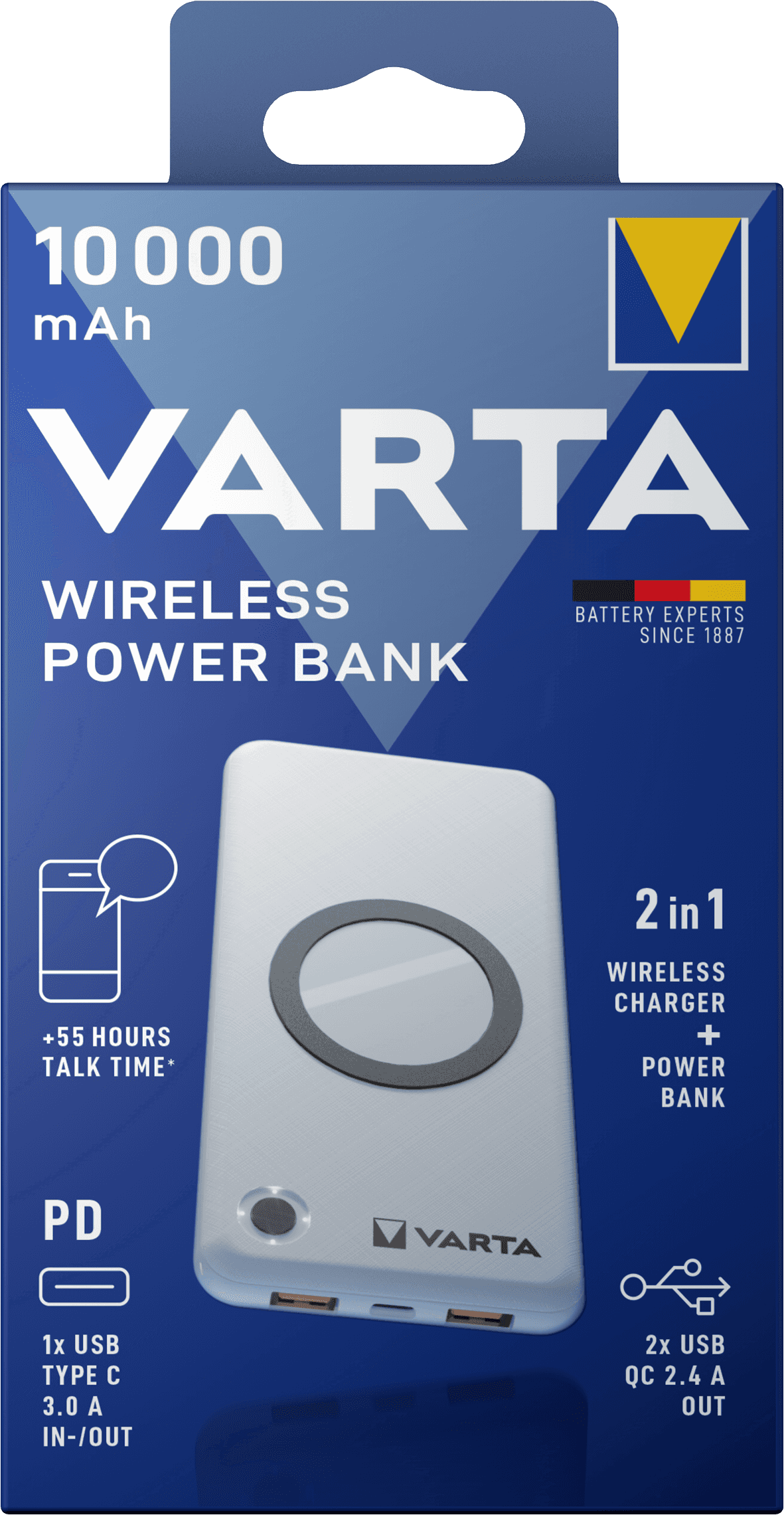VARTA 2-в-1 Wireless Power Bank — это современное решение с функцией беспроводной зарядки и тремя портами (1x USB-C PD, 2x USB-A QC 3.0). Устройство поддерживает быструю беспроводную зарядку до 10 Вт, технологии Power Delivery и Quick Charge для ускоренной и интеллектуальной зарядки до 20 Вт, а также позволяет одновременно заряжать до четырёх устройств. Благодаря функции сквозной зарядки, системе безопасности VARTA Advanced Safety Technology и современному дизайну Power Bank идеально подходит для мобильного образа жизни.\r