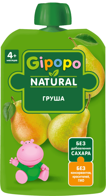 Фруктовое пюре GIPOPO из груш в удобной упаковке - пауч подходит для прикорма малышей с 4 месяцев.\r\rГруша отлично подходит для знакомства малыша с фруктами. Для пюре мы отбираем сочные и спелые фрукты, которые позволяют получить необходимые витамины и минералы. Начинать прикорм необходимо с монокомпонентных пюре из овощей и фруктов.\r\rДетские фруктовые пюре GIPOPO:\r- Оптимально для первого прикорма\r- Без добавления сахара\r- Без консервантов, красителей, ГМО\r- Удобная мягкая упаковка-пауч\r\rПюре в мягкой упаковке дополняет рацион в процессе взросления – удобно взять с собой.
