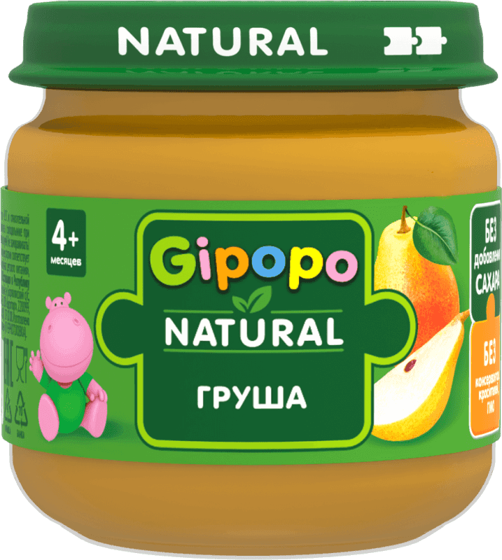Фруктовое пюре GIPOPO из груш разработано для прикорма малышей с 4 месяцев.\r\rГруша отлично подходит для знакомства малыша с фруктами. Для пюре мы отбираем сочные и спелые фрукты, которые позволяют получить необходимые витамины и минералы. Начинать прикорм необходимо с монокомпонентных пюре из овощей и фруктов.\r\rДетские фруктовые пюре GIPOPO:\r- Оптимально для первого прикорма\r- Без добавления сахара\r- Без консервантов, красителей, ГМО