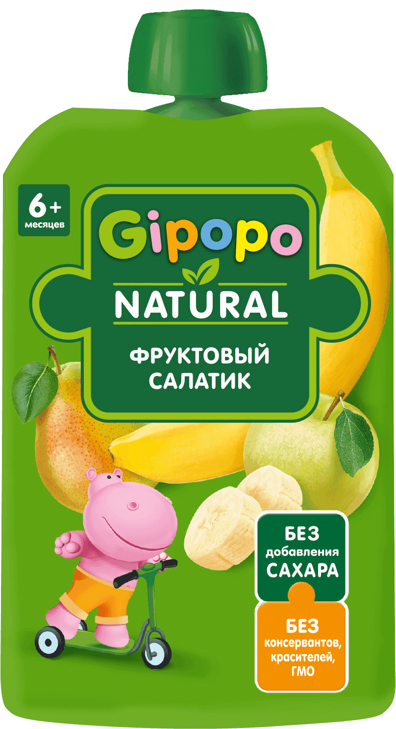 Фруктовое пюре GIPOPO "Фруктовый салатик" из яблок, груш и бананов в удобной упаковке - пауче подходит для питания малышей с 6 месяцев.\r\rДля пюре мы отбираем сочные и спелые фрукты, которые позволяют получить необходимые витамины и минералы. Фрукты разнообразят рацион малыша, познакомят его с новыми вкусами.\r\rДетские фруктовые пюре GIPOPO:\r- Без добавления сахара\r- Без консервантов, красителей, ГМО\r- Удобная мягкая упаковка-пауч\r\rПюре в мягкой упаковке дополняет рацион в процессе взросления – удобно взять с собой.