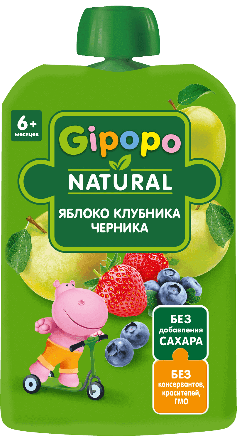 Фруктовое пюре GIPOPO из яблок, клубники и черники в удобной упаковке - пауче подходит для питания малышей с 6 месяцев.\r\rДля пюре мы отбираем сочные и спелые фрукты и ягоды, которые позволяют получить необходимые витамины и минералы. Фрукты и ягоды разнообразят рацион малыша, познакомят его с новыми вкусами.\r\rДетские фруктовые пюре GIPOPO:\r- Без добавления сахара\r- Без консервантов, красителей, ГМО\r- Удобная мягкая упаковка-пауч\r\rПюре в мягкой упаковке дополняет рацион в процессе взросления – удобно взять с собой.