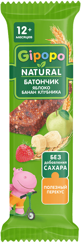 Батончик детский GIPOPO без добавления сахара – подходит для малышей с 12 месяцев, оптимально для полезного перекуса!\rПольза злаков и фруктов – натуральные злаки и кусочки фруктов в составе\rЗлаково-фруктовые батончики GIPOPO:\r- Без добавления сахара\r- Без консервантов, красителей, ГМО\r- Разнообразные вкусовые сочетания