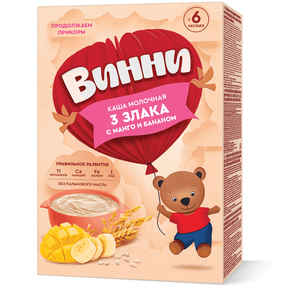 Каша из 3 злаков с манго и бананом без пальмового масла для детей старше 6 месяцев знакомит малыша с новыми вкусами. Содержит цельное молоко, 11 витаминов, кальций, железо и йод для роста и развития.