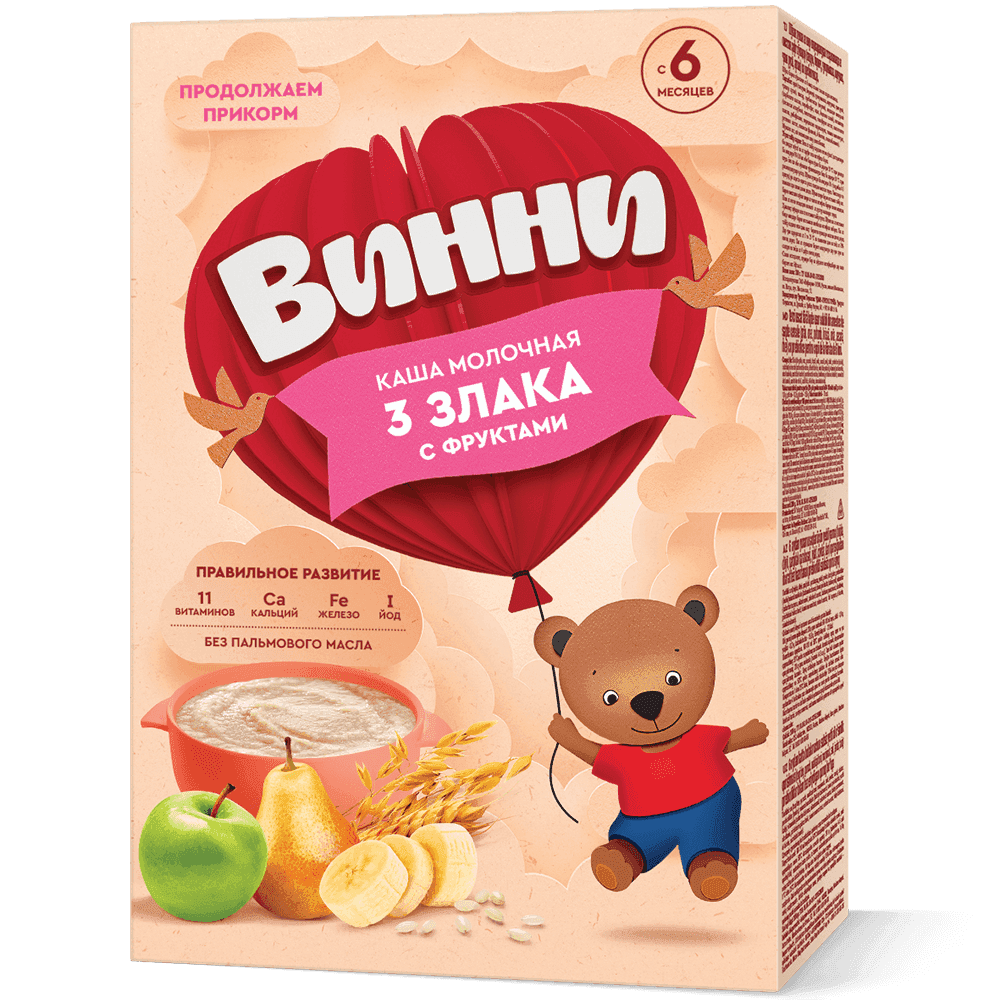 Каша из 3 злаков с фруктами без пальмового масла для детей старше 6 месяцев знакомит малыша с новыми вкусами. Содержит цельное молоко, 11 витаминов, кальций, железо и йод для роста и развития.