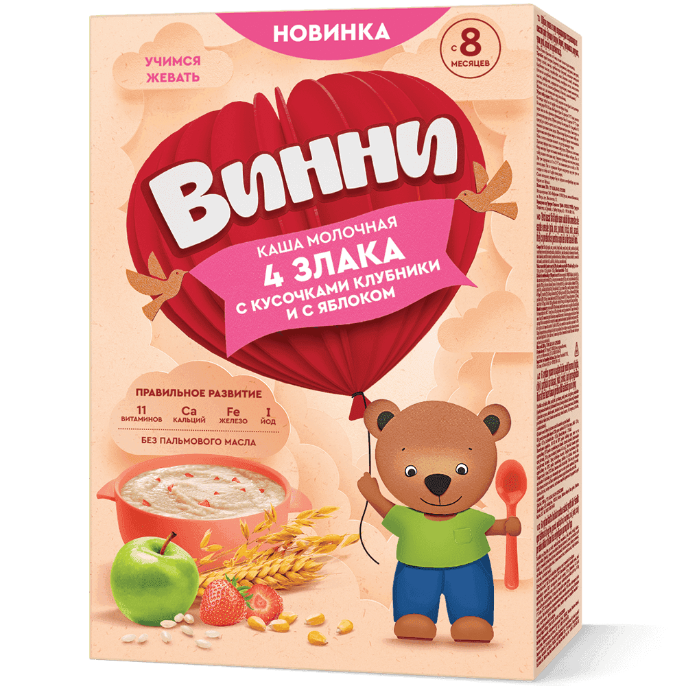 Каша из 4 злаков с кусочками клубники без пальмового масла развивает навыки жевания и знакомит с новыми вкусами. Содержит цельное молоко, 11 витаминов, кальций, железо и йод для роста и развития.