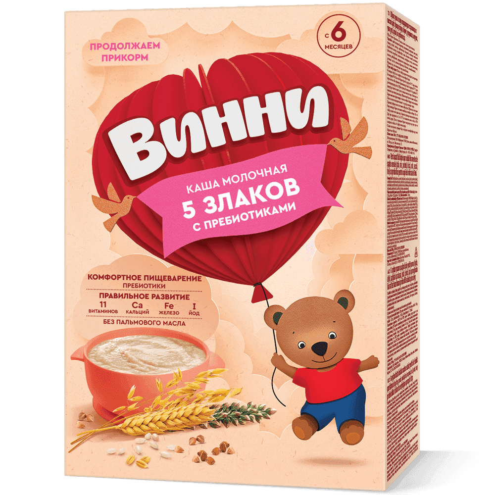 Каша из 5 злаков с пребиотиками без пальмового масла для детей старше 6 месяцев заряжает энергией и нормализует микрофлору кишечника. Содержит цельное молоко, 11 витаминов, кальций, железо и йод для роста и развития.