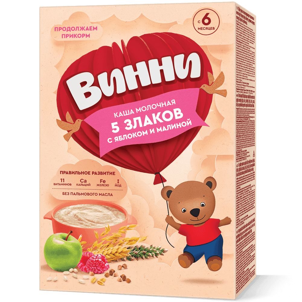 Каша из 5 злаков с яблоком и малиной для детей старше 6 месяцев знакомит малыша с новыми вкусовыми сочетаниями. Содержит цельное молоко, 11 витаминов, кальций, железо и йод для роста и развития.