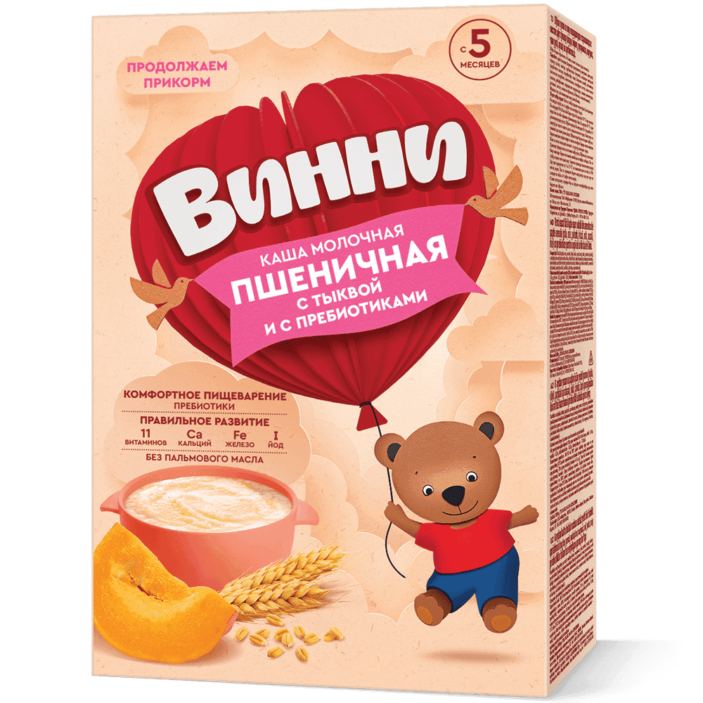 Пшеничная каша с тыквой и пребиотиками для детей старше 5 месяцев расширяет вкусовую палитру малыша. Содержит цельное молоко, калий, железо, фосфор, 11 витаминов и клетчатку для роста и развития.