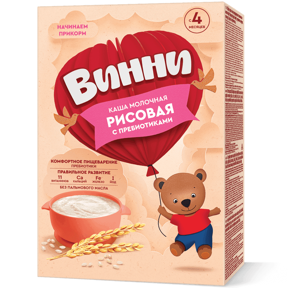 Рисовая каша с пребиотиками для детей старше 4 месяцев не содержит глютена и может стать одной из первых каш малыша. Содержит цельное молоко, легкоусвояемые углеводы, 11 витаминов, кальций и железо для роста и развития.