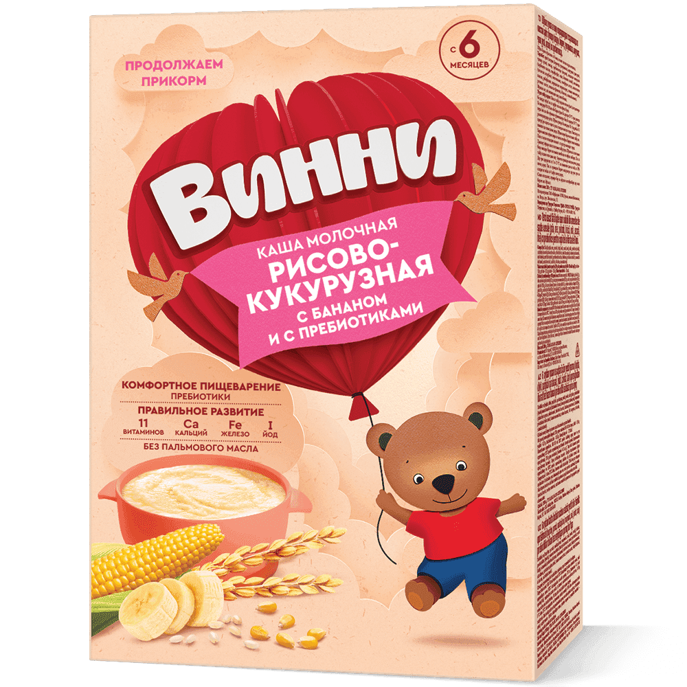 Рисово-кукурузная каша с бананом и пребиотиками для детей старше 6 месяцев знакомит с новыми вкусовыми сочетаниями. Содержит цельное молоко, легкоусвояемые углеводы, витамины группы В, кальций и железо для роста и развития.