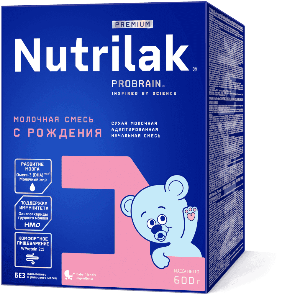 Смесь для детей с рождения до 6 месяцев без пальмового и рапсового масел содержит максимальное количество Омега-3 (DHA) для развития мозга и интеллекта. Молочный жир улучшает усвоение DHA и благоприятно воздействует на память, речь и моторику малыша.