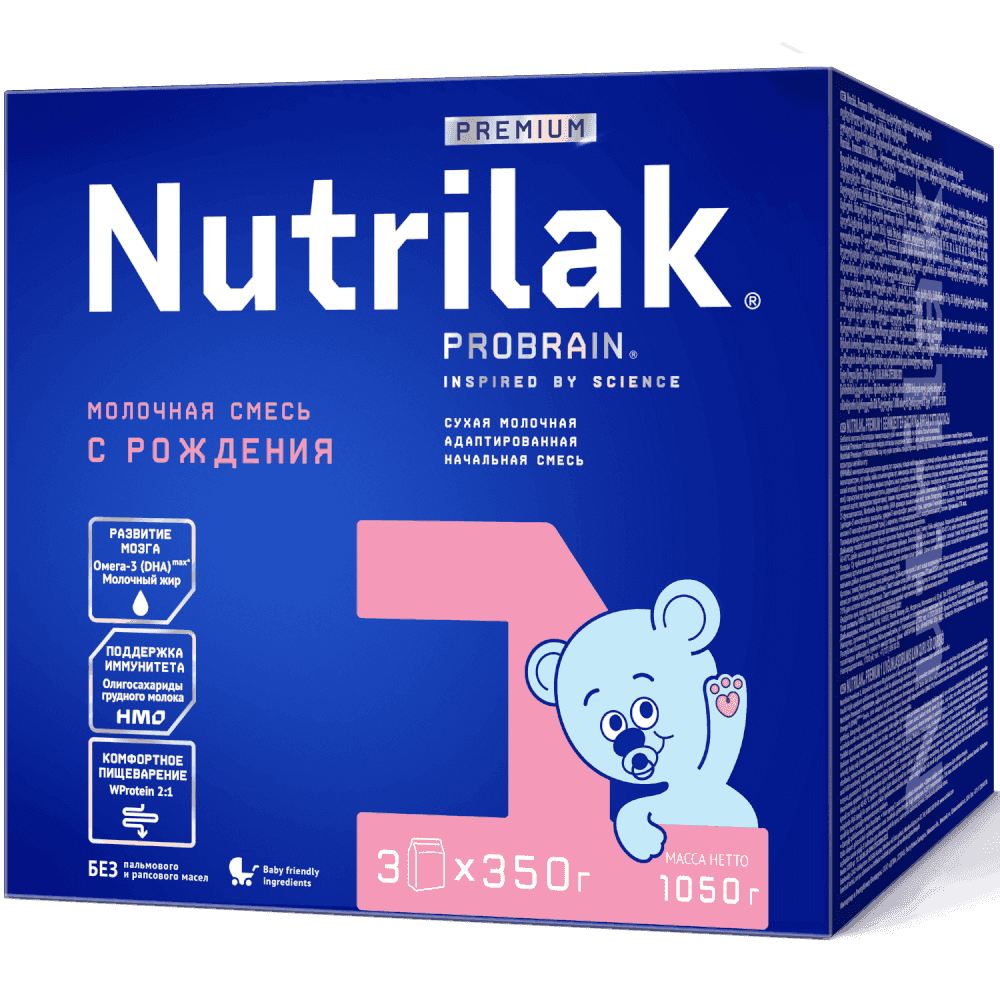 Смесь для детей с рождения до 6 месяцев без пальмового и рапсового масел содержит максимальное количество Омега-3 (DHA) для развития мозга и интеллекта. Молочный жир улучшает усвоение DHA и благоприятно воздействует на память, речь и моторику малыша.